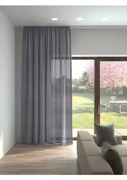 Perle Koyu Gri Keten Görünümlü Düz Tül Perde - Şık ve Dayanıklı Ev Dekorasyonu İçin