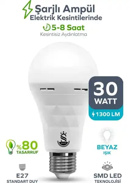 ŞANLED 30W Beyaz Işık LED Ampul: Otomatik ve Şarjlı Aydınlatma Çözümü