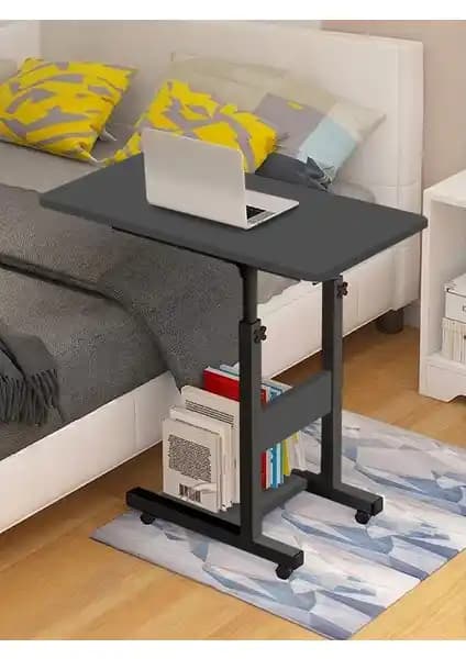 Servetavcı Yükseklik Ayarlı Modern Yatak Sehpası Antrasit Renkli ve Tekerlekli Tasarım