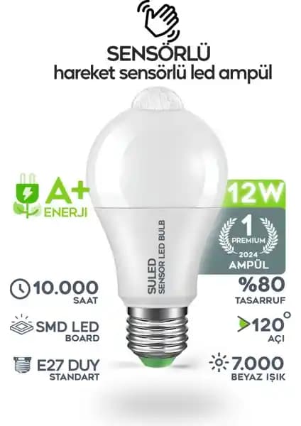Suled Hareket Sensörlü LED E27 Duy Lambası 12W Enerji Tasarruflu Otomatik Aydınlatma