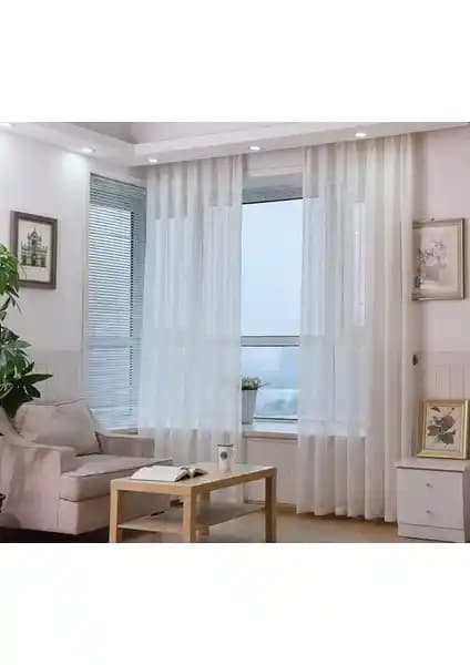 Taç Marka Tül Perde Grek Zemin Ekstraforlu Düz Dikiş Kırık Beyaz Modern Ev Dekorasyonu