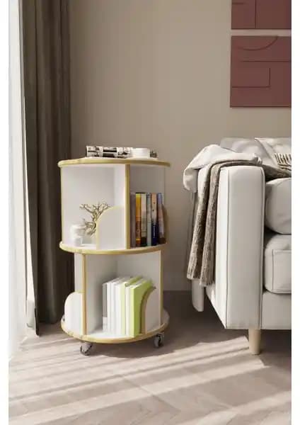 Zeo Wood Design 360° Döner Kitaplık Beyaz Modern ve Fonksiyonel Tasarım