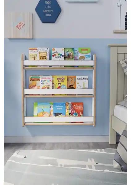 Zeo Wood Design Montessori 3 Raflı Çocuk Kitaplığı Güvenli ve Şık Tasarım