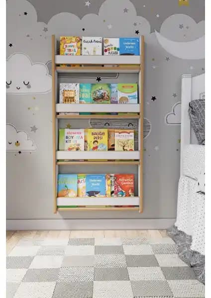 Zeo Wood Design Montessori 4 Raflı Çocuk Kitaplığı Güvenli ve Estetik Tasarım