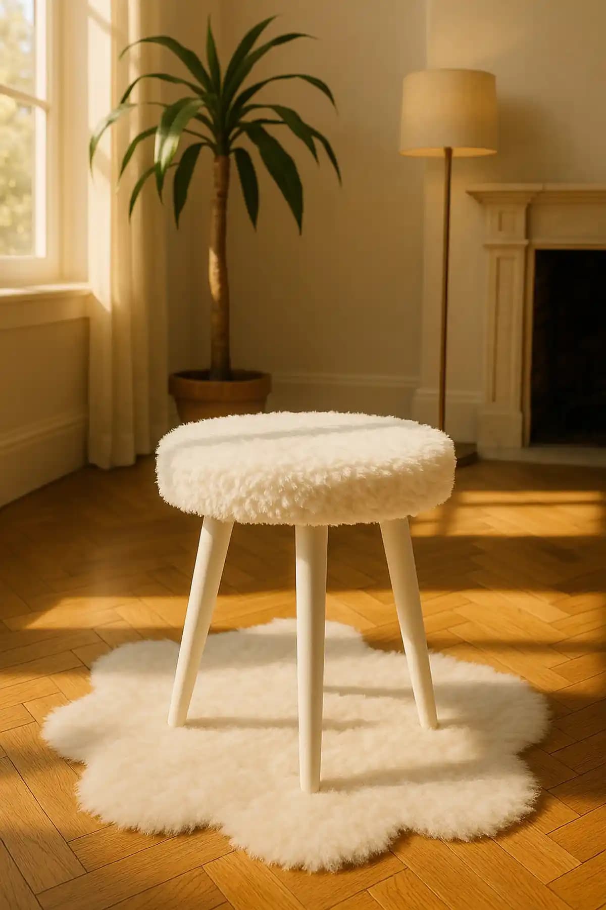 Albatros Gürgen Ahşap Retro Ayaklı Beyaz Pelüş Puf Dekoratif Çok Amaçlı Oturma Ürünü