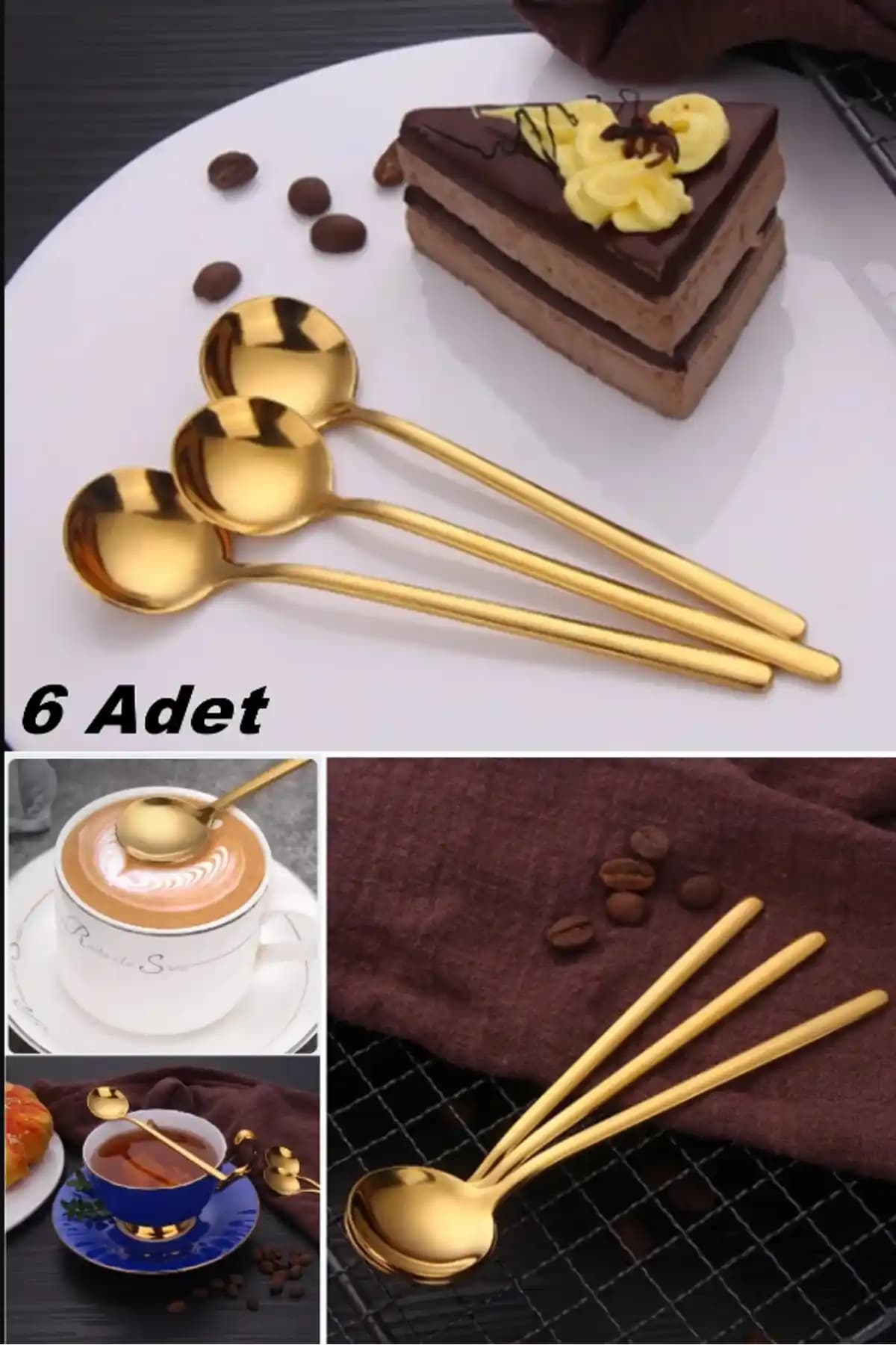 Aygen Home 6'lı Paslanmaz Çelik Altın Renkli Uzun Saplı Tatlı Kaşık Seti