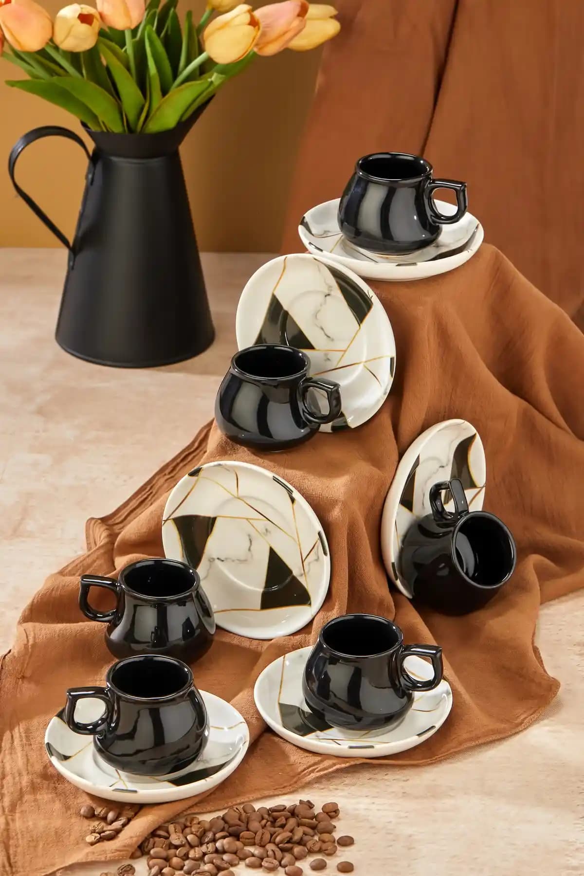 Babion Mozaik Mermer Damla 12 Parça Türk Kahvesi Fincan Takımı Modern ve Şık Tasarım
