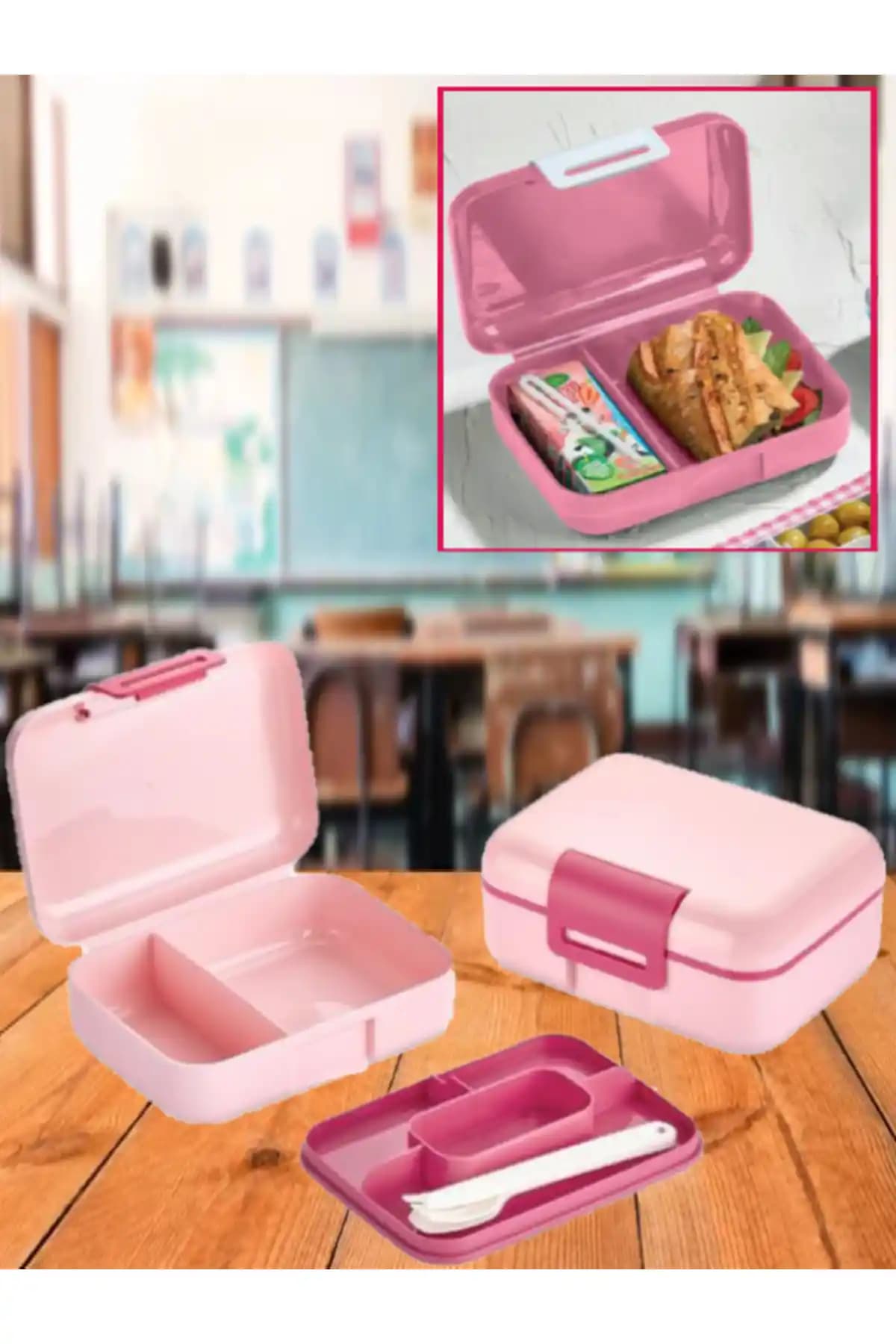 Bayev Pembe Katlı Beslenme Kutusu ve Kaşık Seti Sağlıklı ve Pratik Kullanım İçin Uygun