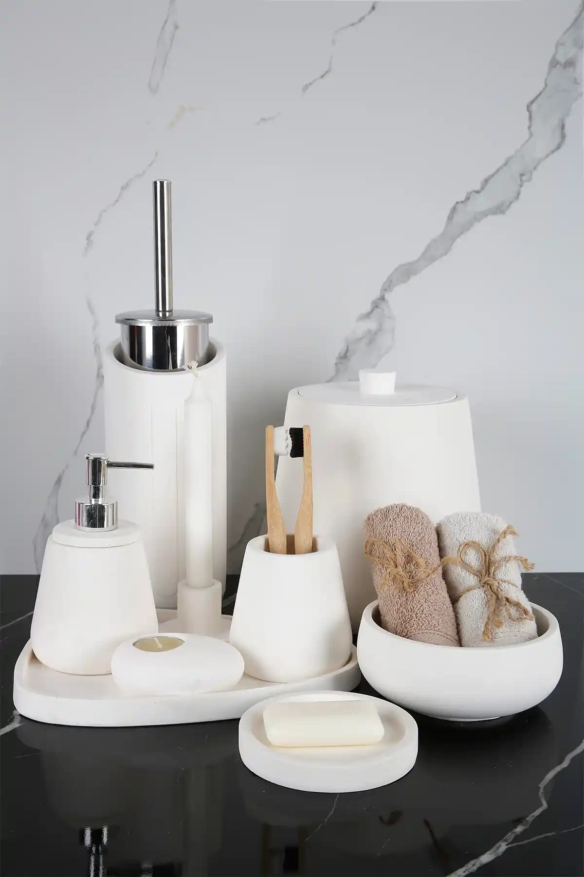 Betonmall 11 Parça Mermer Desenli Beton Banyo Seti: Modern ve Dayanıklı Banyo Dekorasyonu İçin Uygun