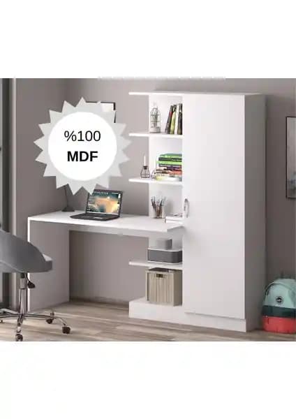 Bicabin MDF Narin Raflı Dolaplı Çalışma Masası Beyaz Modern Ofis ve Ev Kullanımı İçin