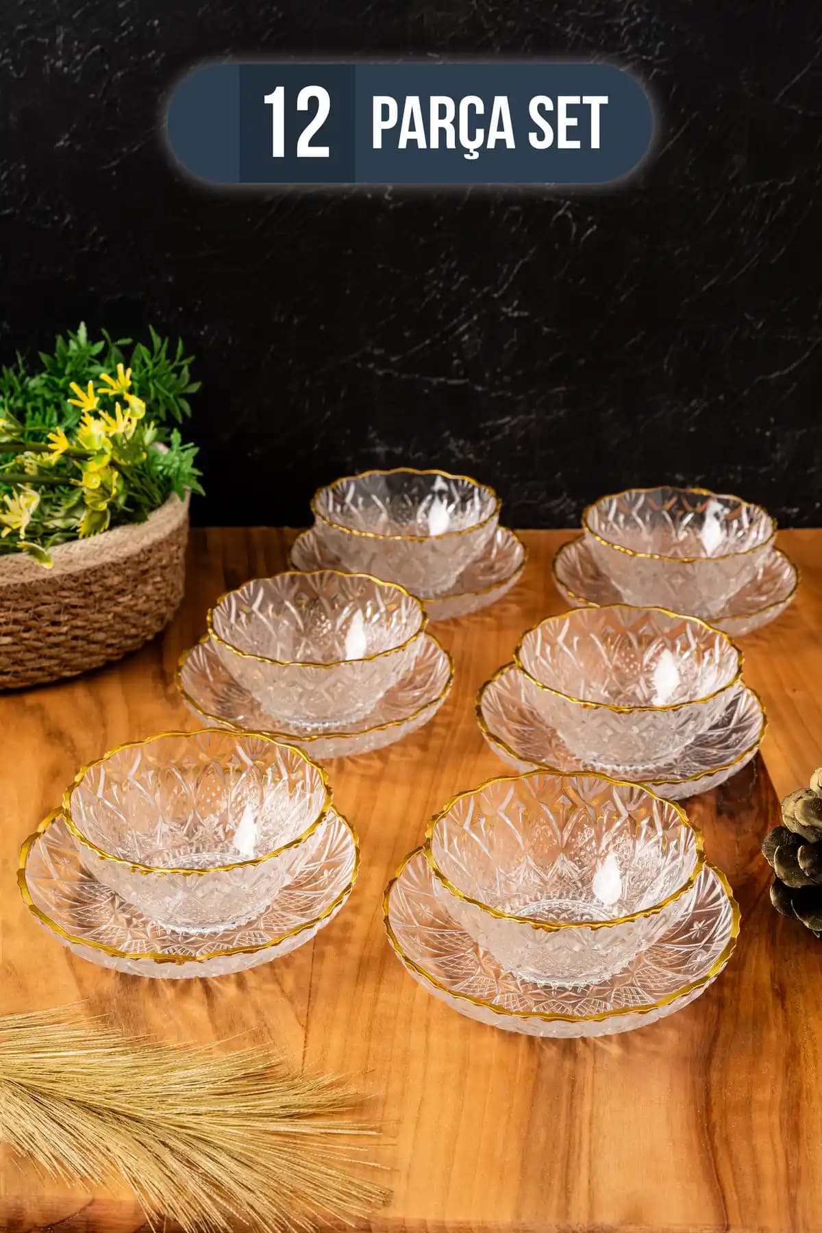 BLN BELEN HOME El Dekorlu Altın Detaylı 6 Kişilik Kristal Çerezlik ve Şekerlik Seti