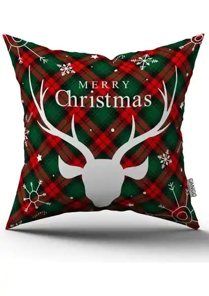 Cango Home Kırmızı Yeşil Ekose Desenli Yılbaşı Temalı Dijital Baskılı Kırlent Kılıfı