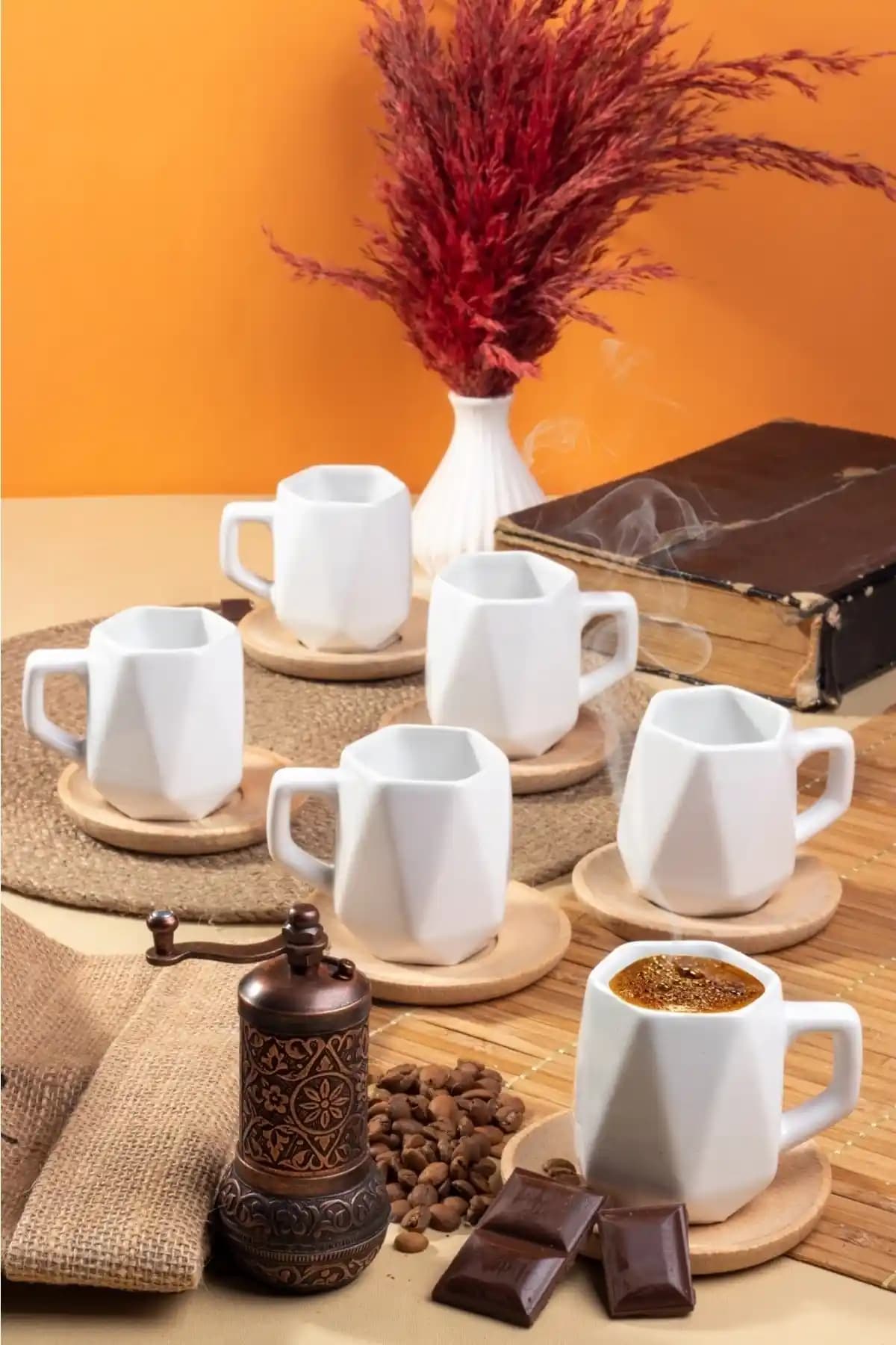 Ddatelier 6 Kişilik Lüx Türk Kahvesi Fincan Takımı Şık ve Dayanıklı Seramik Tasarım