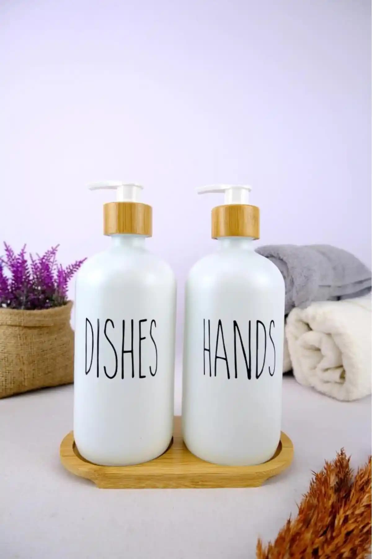 Digithome 2’li Ahşap Standlı Cam Sıvı Sabun ve Deterjan Şişesi Beyaz 500 ml