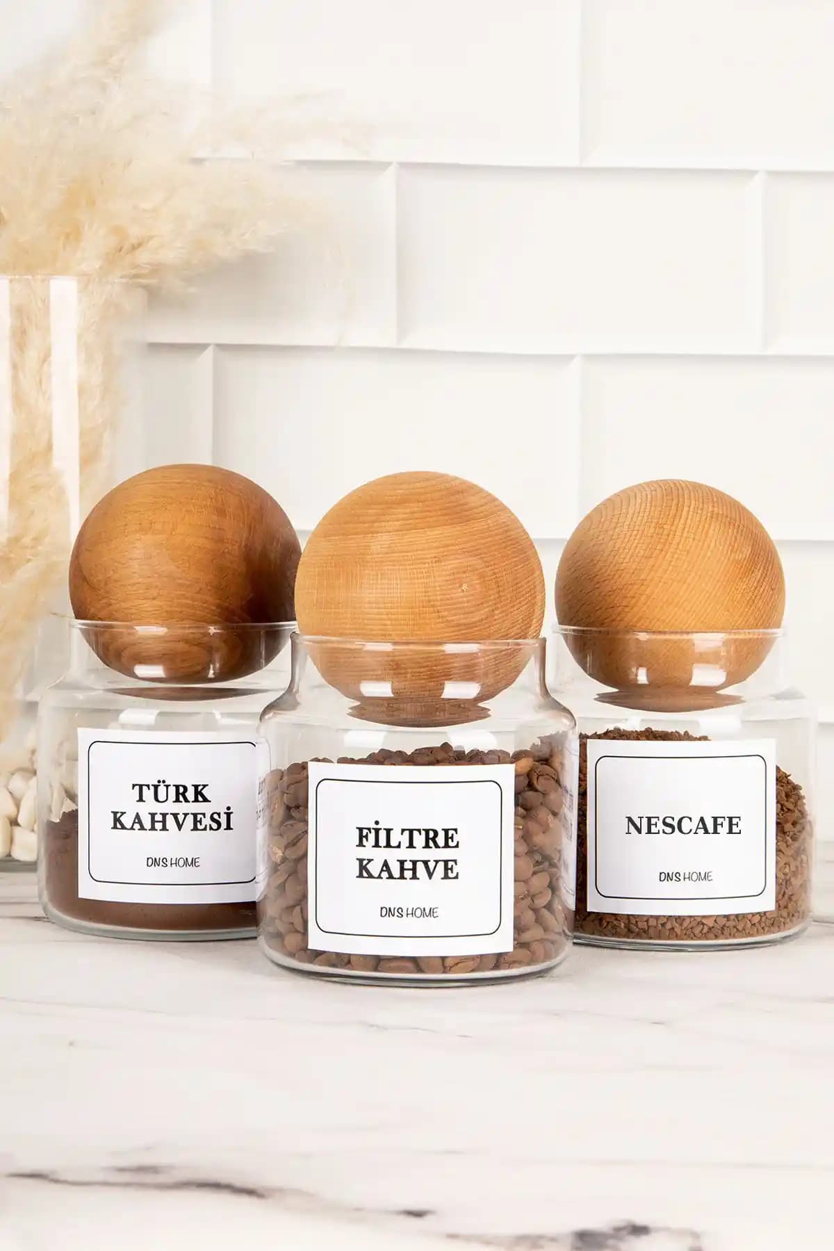 DNS HOME 3'lü Ahşap Top Kapaklı Cam Kahve Saklama Kabı Seti