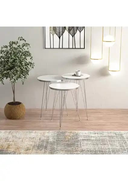 Ege Modüler Beyaz Gümüş Metal Ayaklı 3'lü Zigon Sehpa Modern Tasarım ve Fonksiyonellik