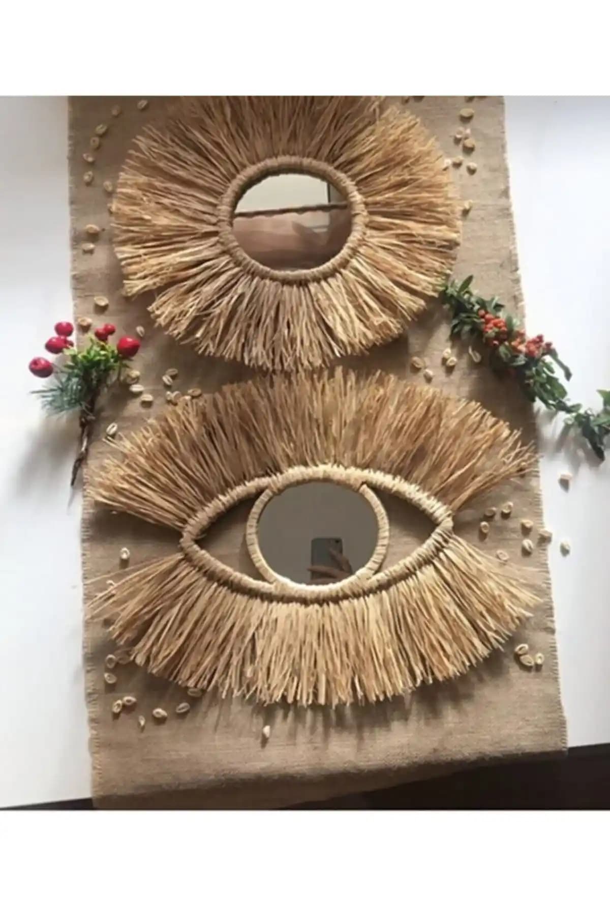 El Yapımı Bohem Tarzı Göz Rafya ve Yuvarlak Ayna Seti Dekorasyon İçin Uygun