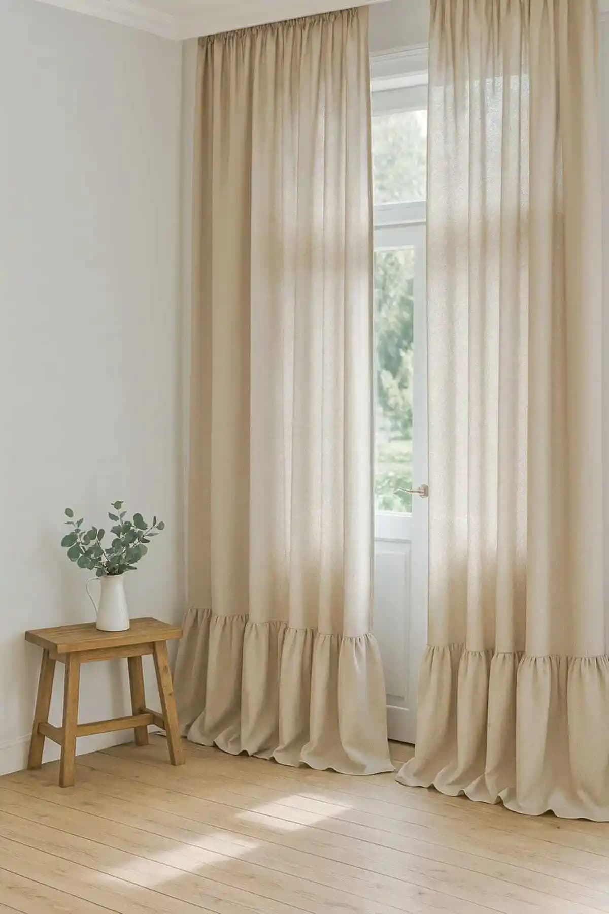 El Yapımı Vintage Fırfırlı Doğal Pamuk Perde Bej Renkli Şık Tasarım