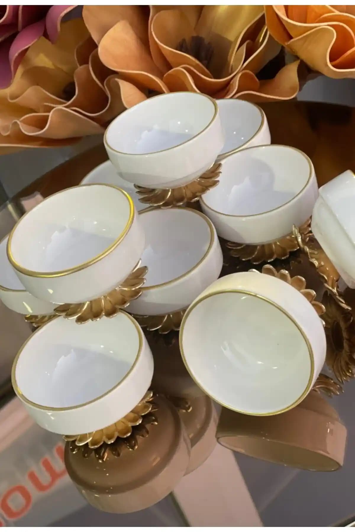 Elta Collection 6'lı Porselen Metal Ayaklı Yazlı Kahve Yanı Lokumluk Şekerlik Sunumluk