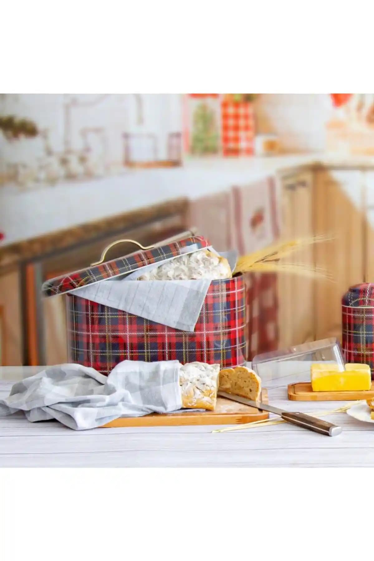 Evle Ef002-İ3 Plaid Ekoşe Desenli Metal Ekmeklik Modern Mutfaklar İçin Şık ve Dayanıklı Tasarım