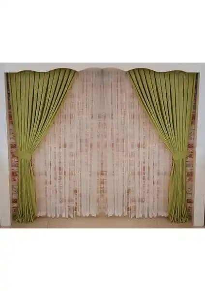 Figen Perde Fıstık Yeşili Kadife Fon Perde Çift Kanat 1/3 Sık Pileli Dikim V-19