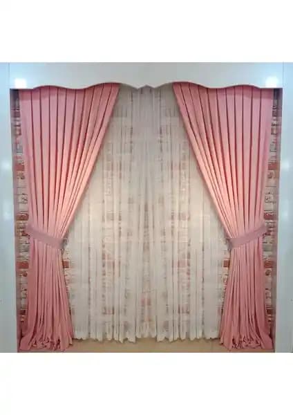 Figen Perde Pembe Kadife Fon Perde Çift Kanat 1/3 Sık Pileli Dikim Modern Tasarım