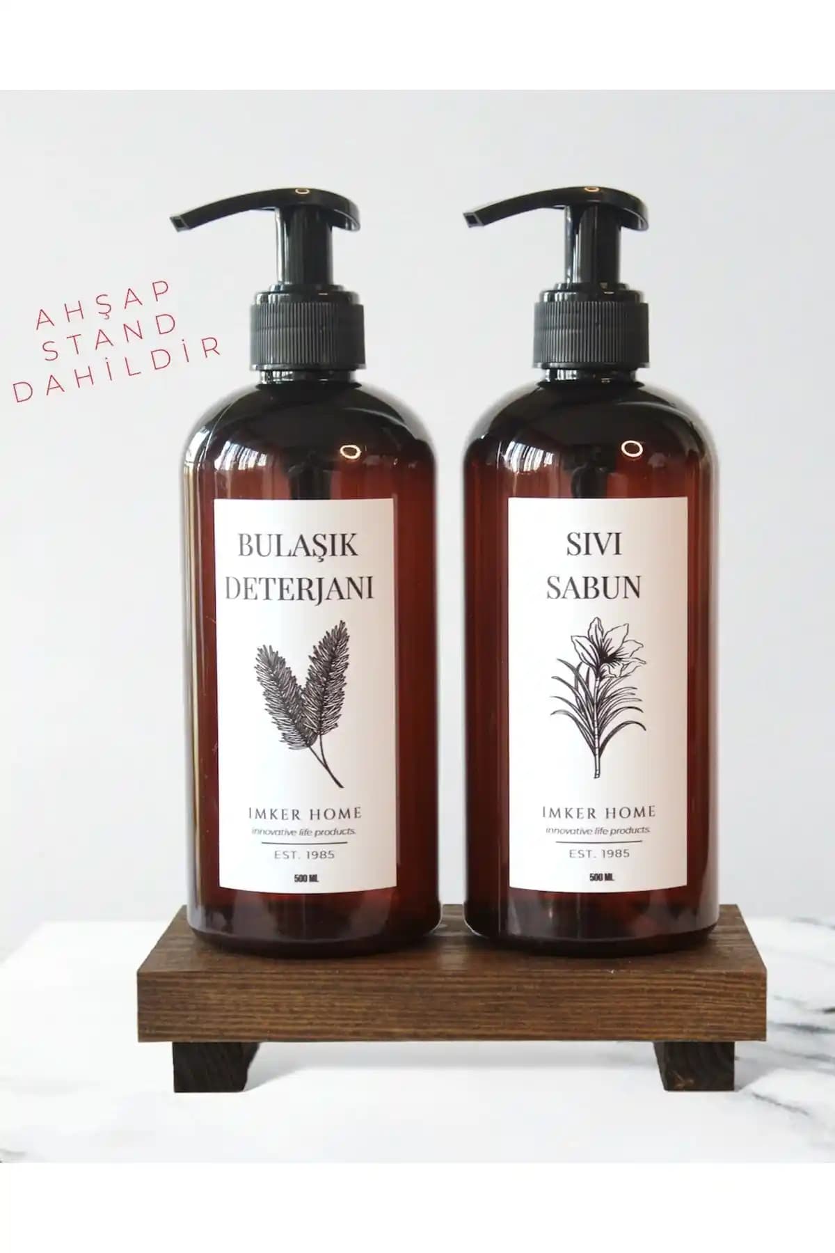 IMKER HOME Ahşap Stantlı Amber Kahverengi Pompalı Deterjan ve Sabun Şişesi Özellikleri ve Kullanıcı Yorumları