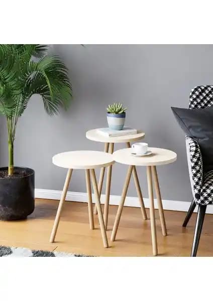 İntergo 3'lü Zigon Sehpa Ahşap Ayaklı Yuvarlak Tasarım Krem Renkli Modern Mobilya