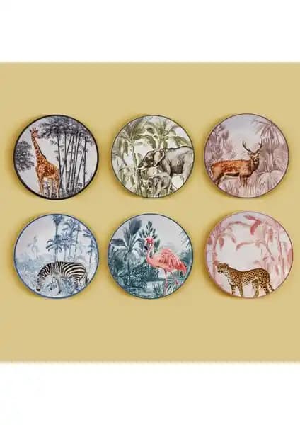 Karaca Jungle Tropikal Desenli 22 cm Renkli Porselen Pasta Tabağı Takımı 6 Parça