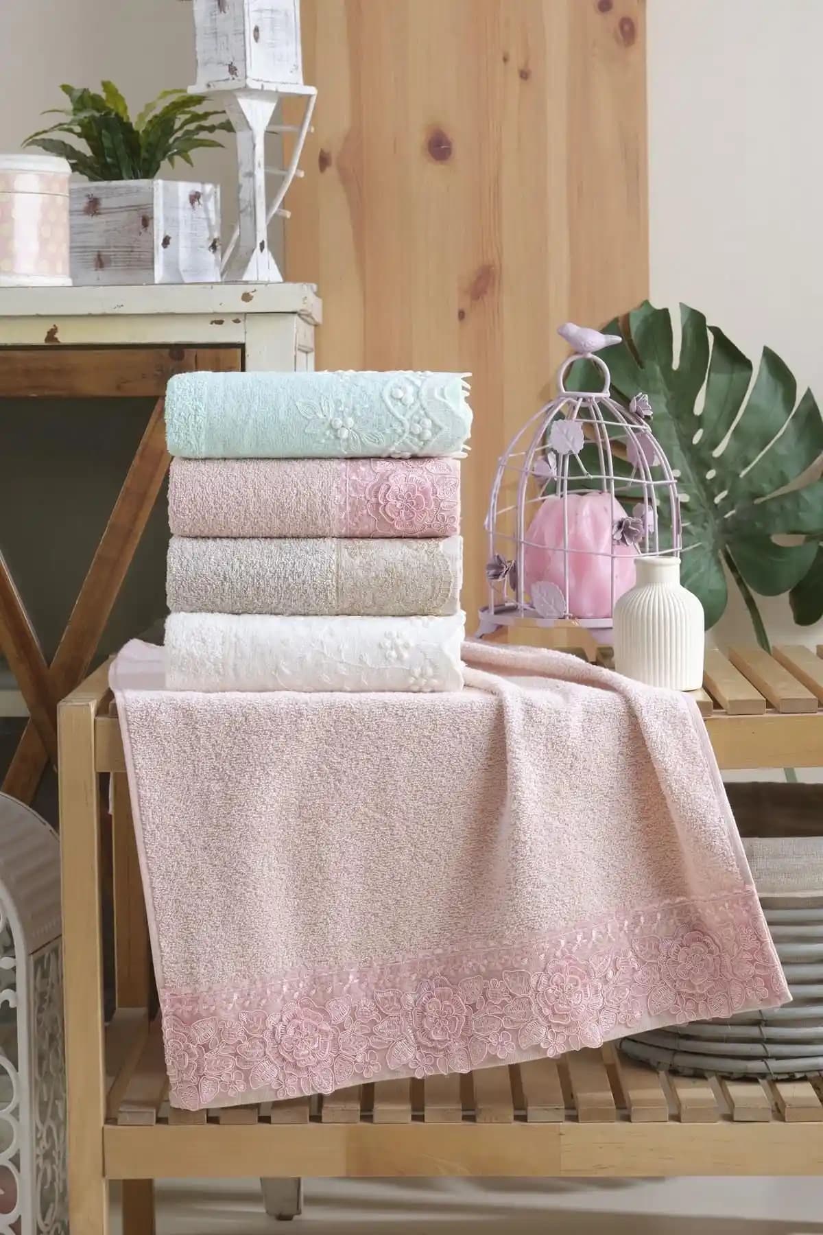 Kardelen %100 Pamuklu Güpürlü Dantelli 4'lü Havlu Seti Ev Dekorasyonuna Şıklık Katıyor