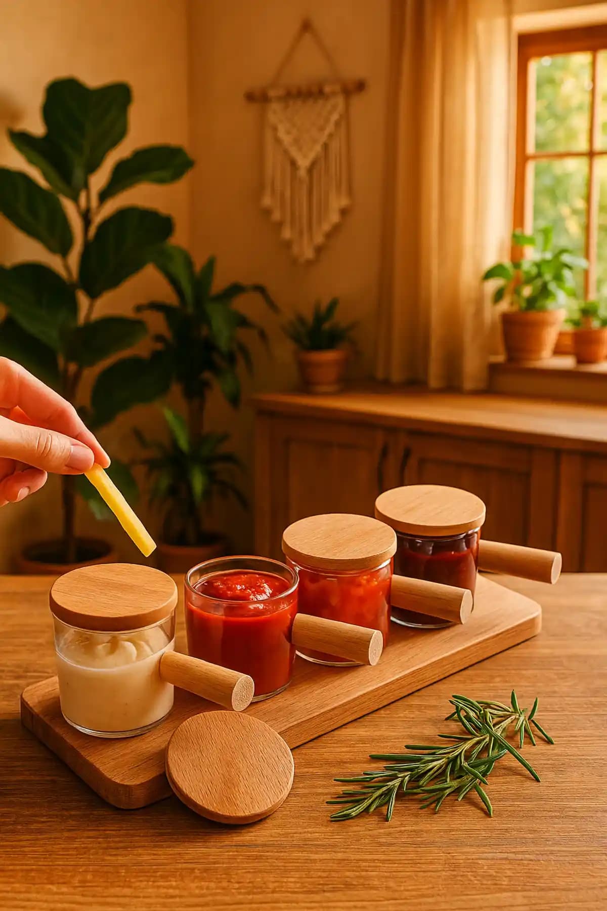 Kitchen Life 4'lü Ahşap Kapaklı Standlı Reçellik ve Sosluk Seti Modern Mutfak Dekorasyonu İçin