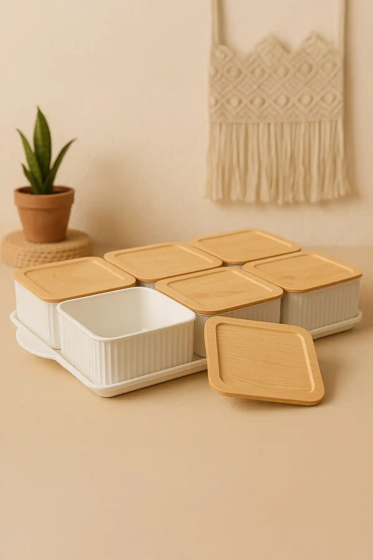 Kitchen Life 7 Parça Sert Plastik Bambu Görünüm Tepsili Kahvaltılık Seti Modern ve Şık Mutfak Dekorasyonu İçin