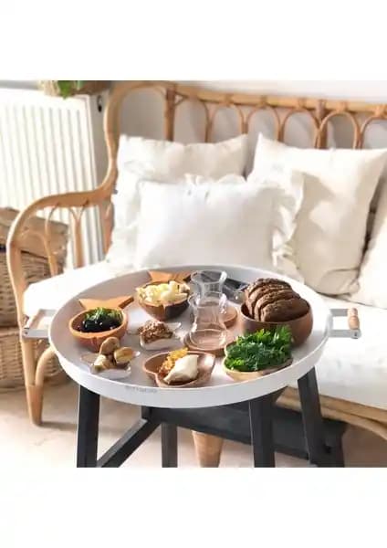 Kitchen Trend Galvaniz 51 cm Beyaz Ahşap Kulplu Yuvarlak Tepsi ile Şık ve Fonksiyonel Mutfak Dekorasyonu