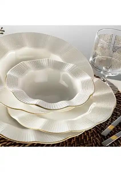 Kütahya Porselen Milena Krem Fileli 24 Parça Yemek Takımı Günlük ve Özel Kullanım İçin