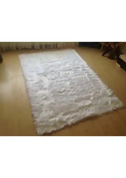 Kuzu Kürkü Görünümlü Beyaz Dekoratif Post Halı Yüksek Tüylü ve Dayanıklı Tasarım