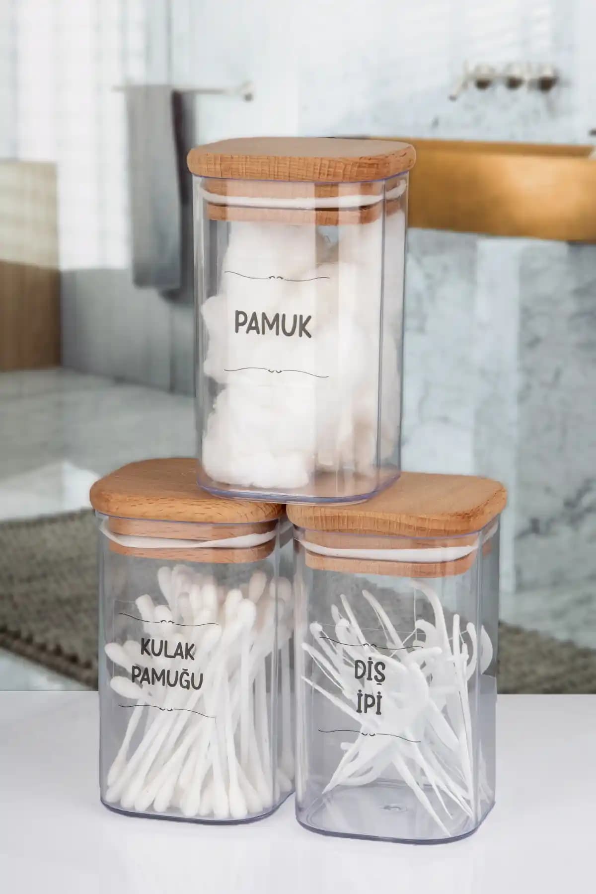 Lizzy 3'lü Ahşap Kapaklı Şeffaf Bakım Seti Günlük Hijyen ve Dekoratif Kullanım