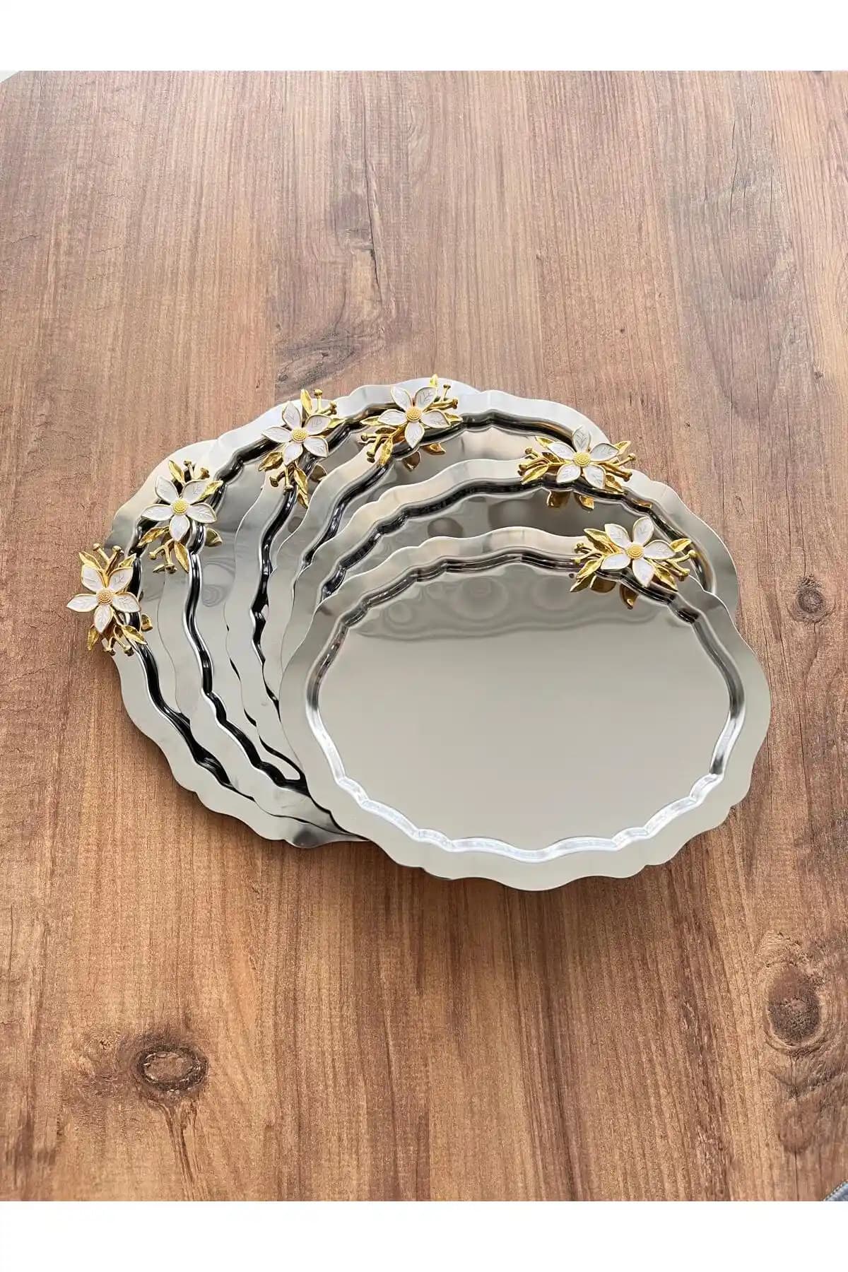 Maglor Lüx 6 Adet Papatya Aksesuarlı Oval Paslanmaz Çelik Kahve ve Sunum Tepsisi