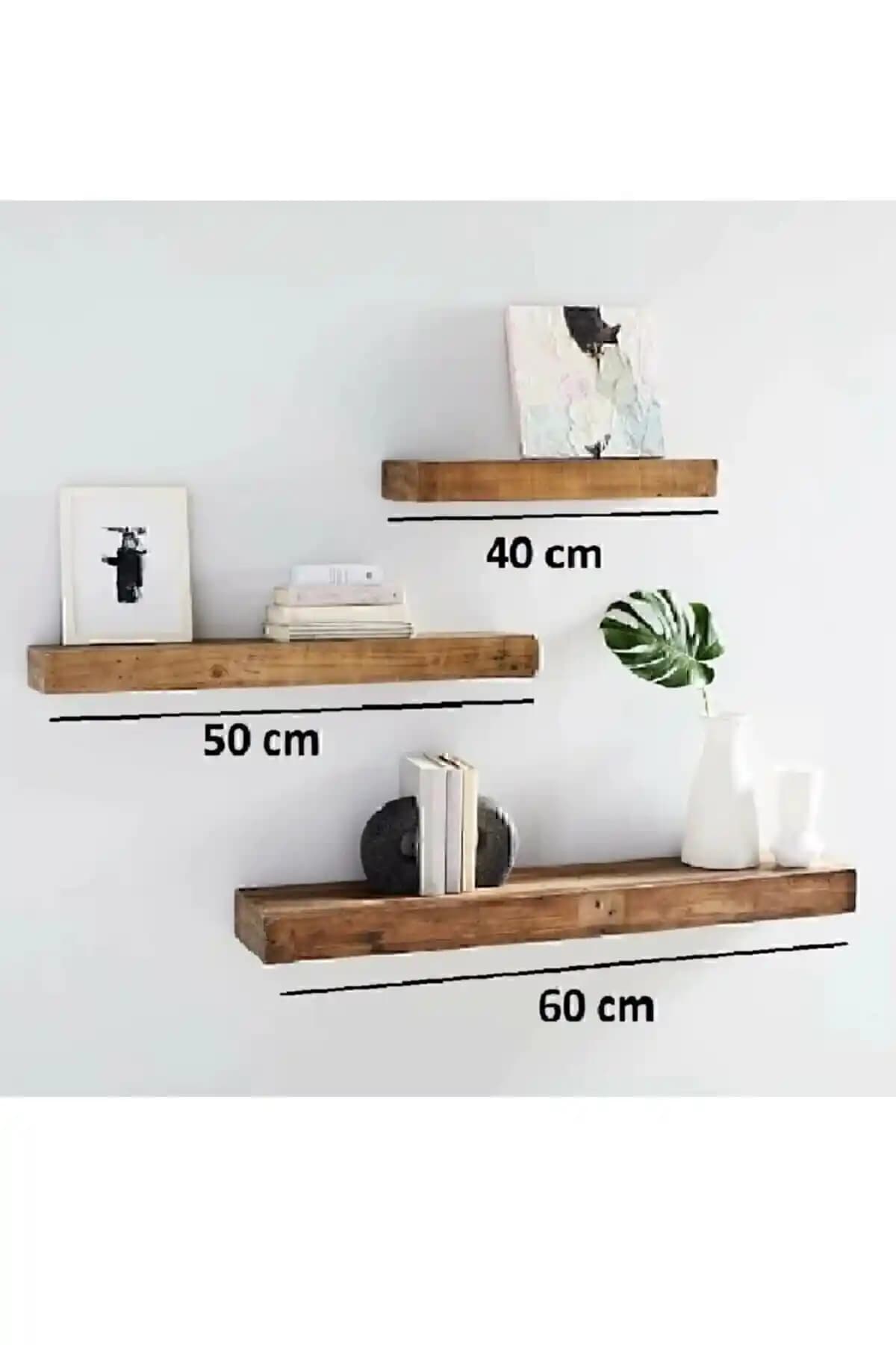 Masif Dekoratif 3'lü Uçan Kitaplık - Modern ve Doğal Tasarım ile Mekânlara Şıklık Katın