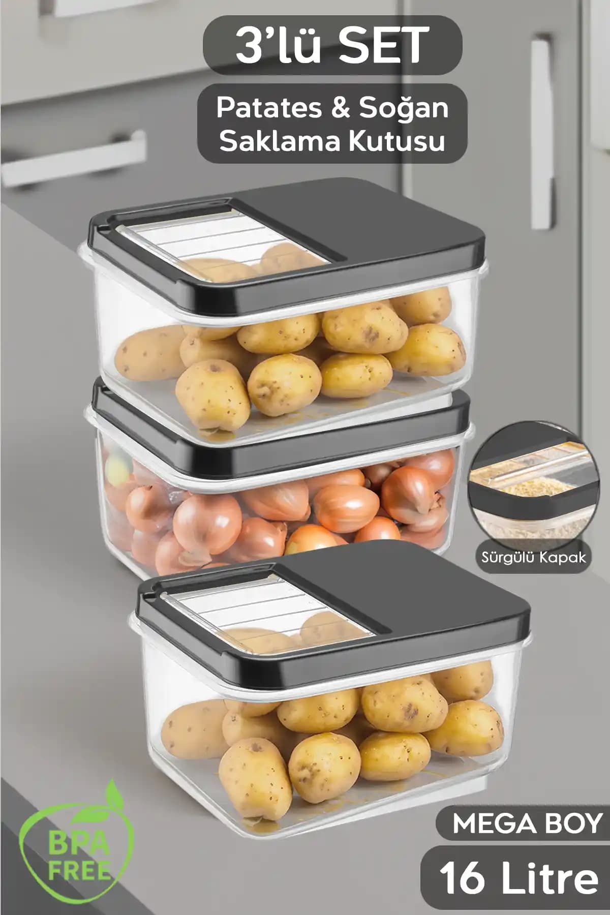 Meleni Home 3'lü 16 Litre Sürgülü Kapak Sebzelik Seti Modern ve Pratik Mutfak Çözümü