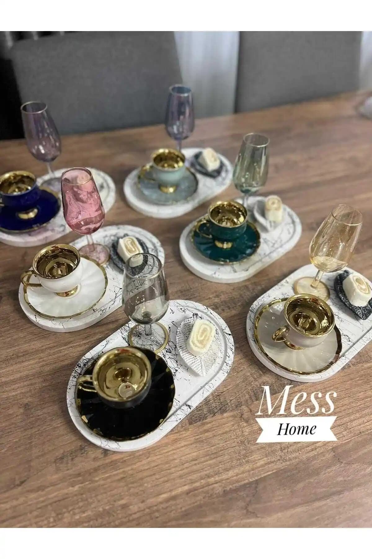 Mess Home Beyaz Siyah Mermer Desenli Kahve ve Lokumluk Seti Şık ve Dayanıklı Tasarım