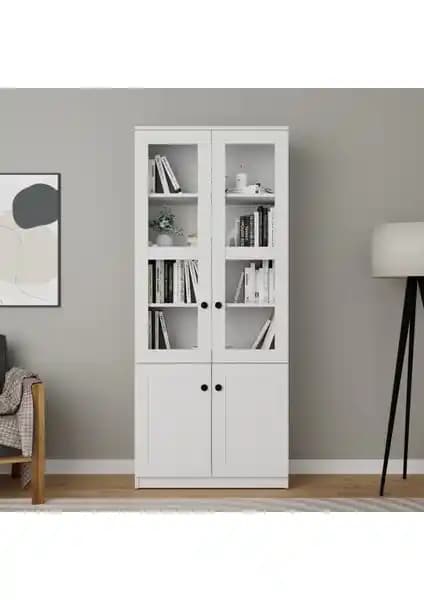 Midoser Lisa 4 Kapaklı Beyaz Vitrin Kitaplık ve Çok Amaçlı Dolap Modern Tasarım