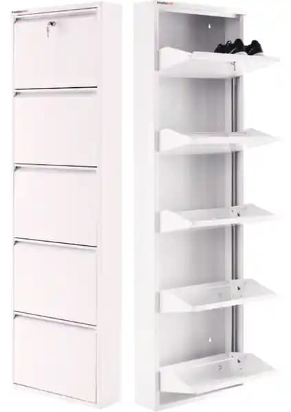 Mobilya Pratik Kilitli 5'li Metal Ayakkabılık Beyaz Renkli Modern Tasarım