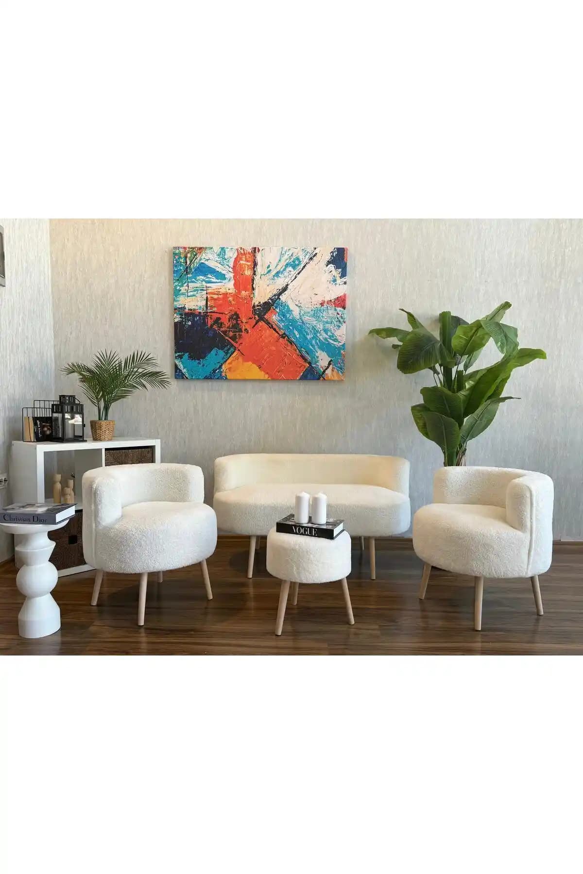 Modern ve Şık Beyaz Teddy Kumaş Oturma Grubu - Çok Yönlü Kullanım ve Kolay Kurulum