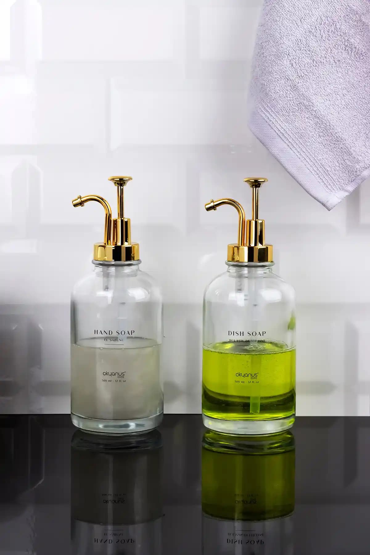 Okyanus Home Altın Pompalı Yuvarlak Cam Sıvı Sabunluk 500ml Estetik ve Dayanıklı Tasarım