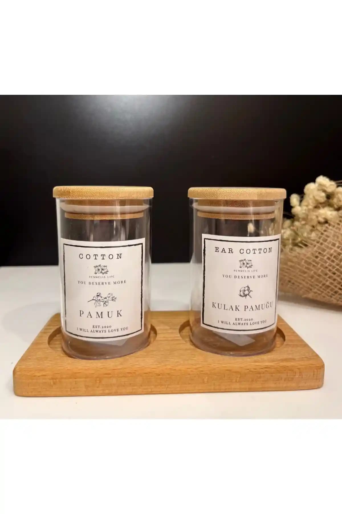 Pembelia Life Ahşap Standlı 2'li Kulak Çubuğu ve Pamuk Kavanozu Seti