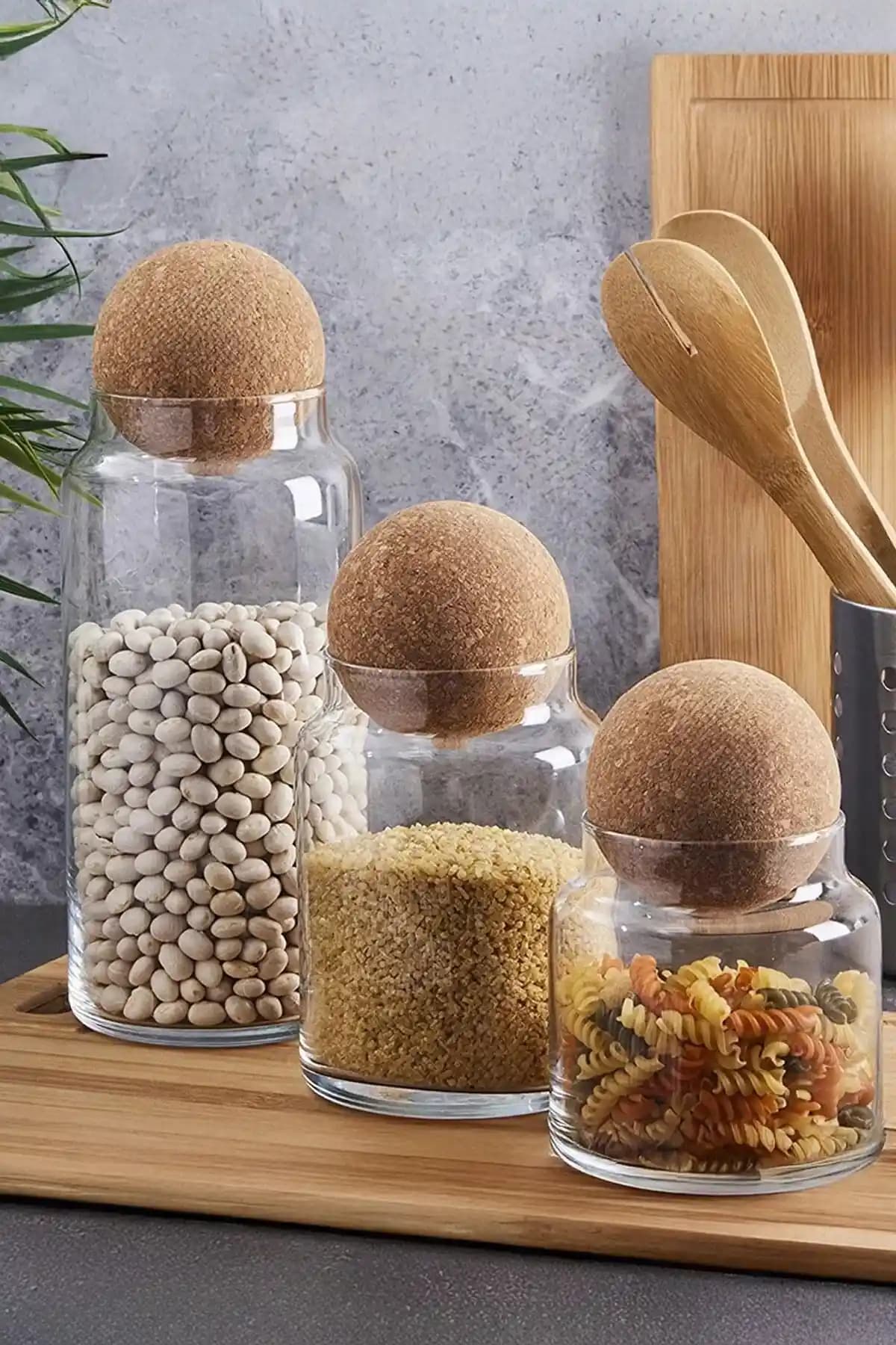 Perotti Peortti Sughero 3'lü Top Mantar Kapaklı Cam Kavanoz ve Baharatlık Seti: Şık ve İşlevsel Mutfak Saklama Çözümü