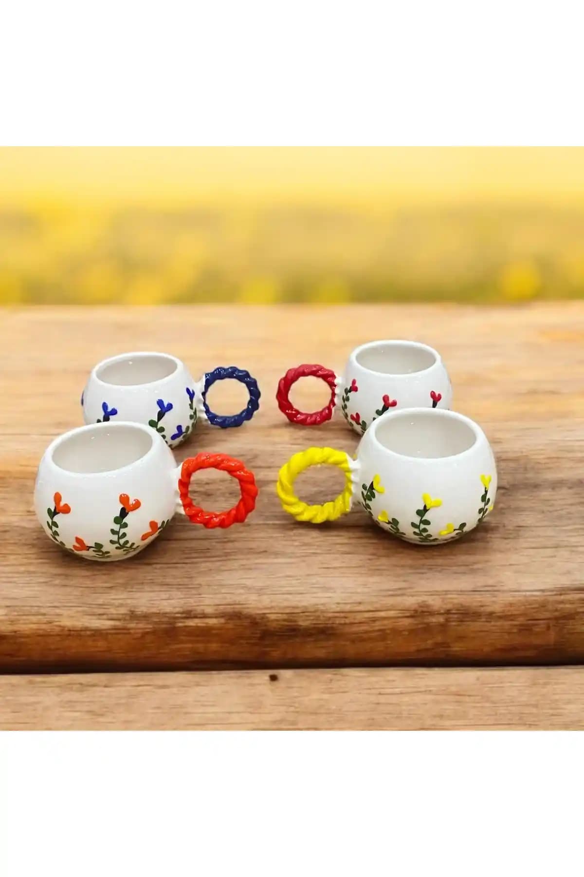 SeraCEY 4’lü Lü Baloncuk Örgü Kulp Çiçek Desenli Seramik Kupa Seti