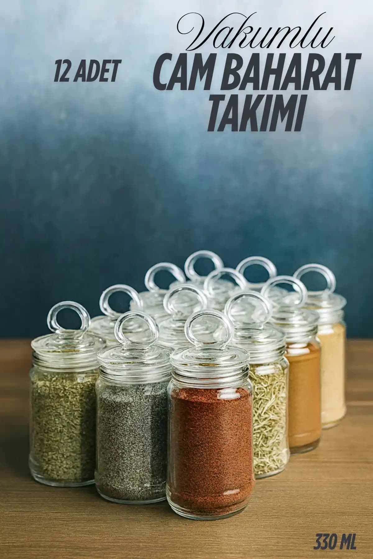 Serin Bardak 12'li Vakumlu Cam Baharat ve Saklama Kabı Seti Türkiye Menşei