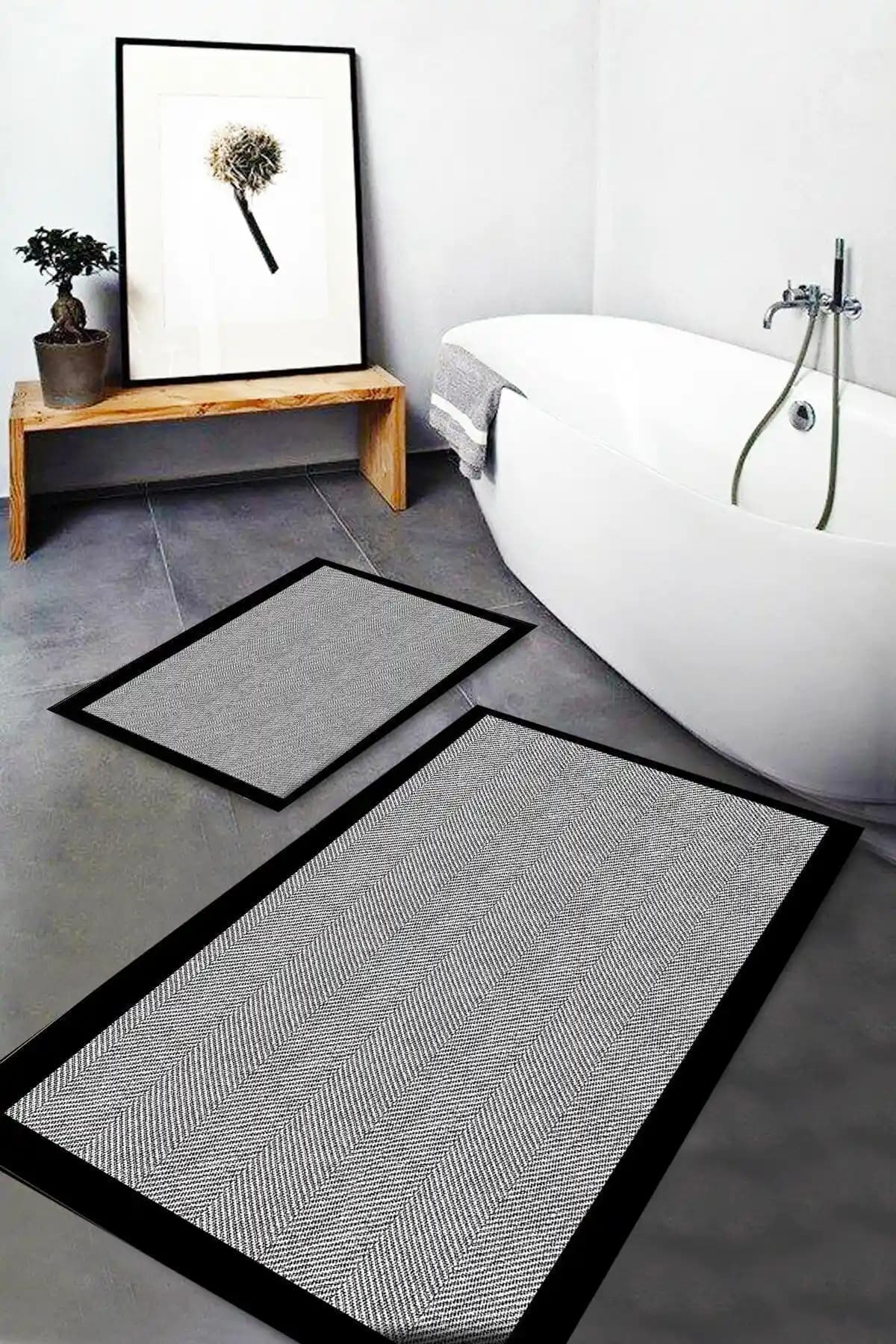 Soho Siyah Gri Desenli Yıkanabilir Kaymaz Tabanlı 2'li Banyo Halısı Seti