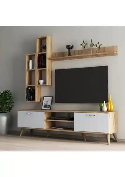 Tanmob Mega 180'li Kitaplıklı Raflı TV Ünitesi Çam-Beyaz Modern ve Fonksiyonel Tasarım